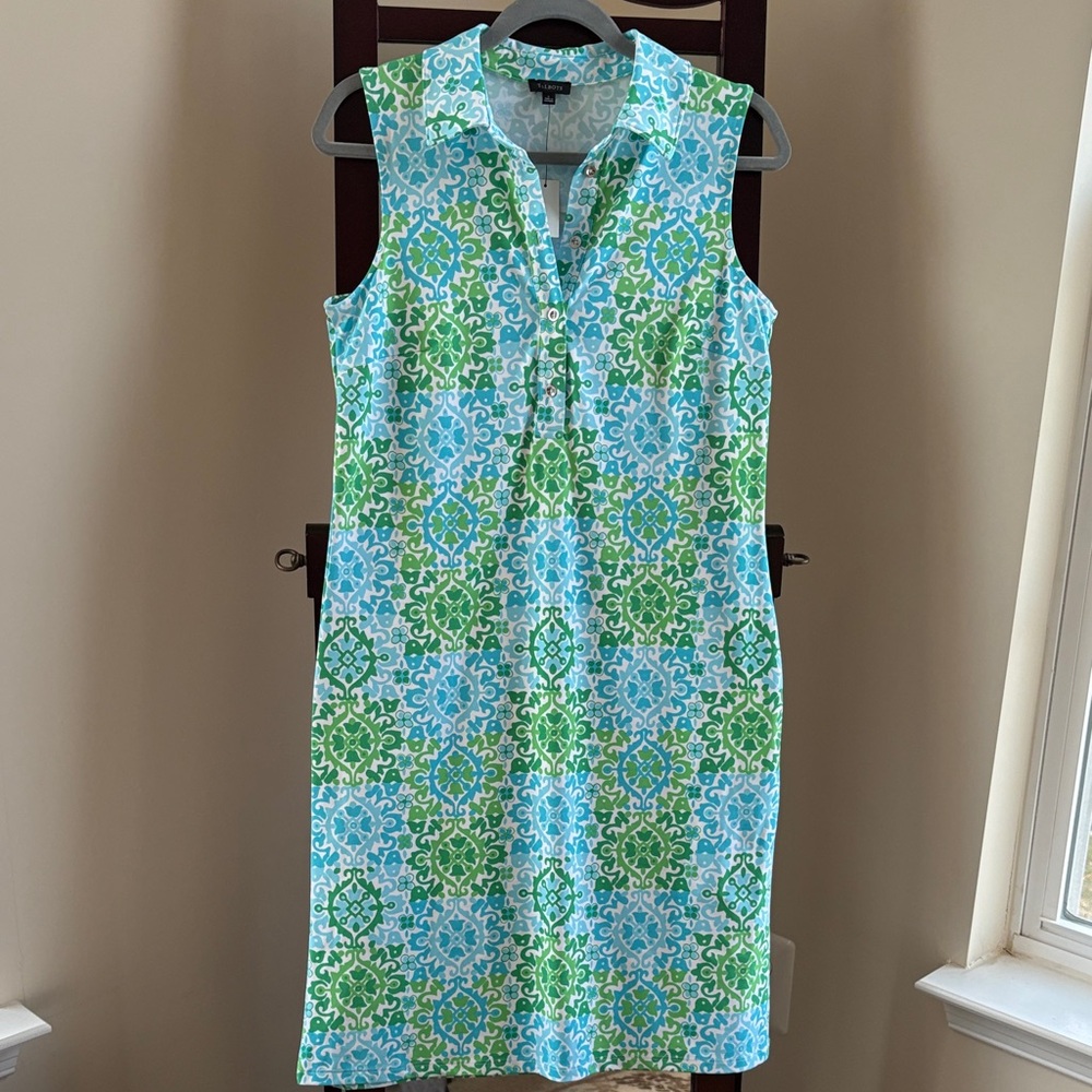 Talbots Aqua and Green Floral Print Sleeveless Collared Dress